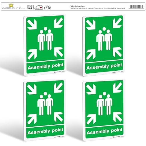 SAFETYKING® 4 pcs Fire Assembly Point Sign 1mm Rigid PVC Signs -L 30cm x W 20cm x H 1mm, Fire Assembly Point, Fire Evacuation Sign, Fire Assembly Point Sign Outdoor, Durable Fire Safe Signs.