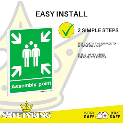 SAFETYKING® 4 pcs Fire Assembly Point Sign 1mm Rigid PVC Signs -L 30cm x W 20cm x H 1mm, Fire Assembly Point, Fire Evacuation Sign, Fire Assembly Point Sign Outdoor, Durable Fire Safe Signs.