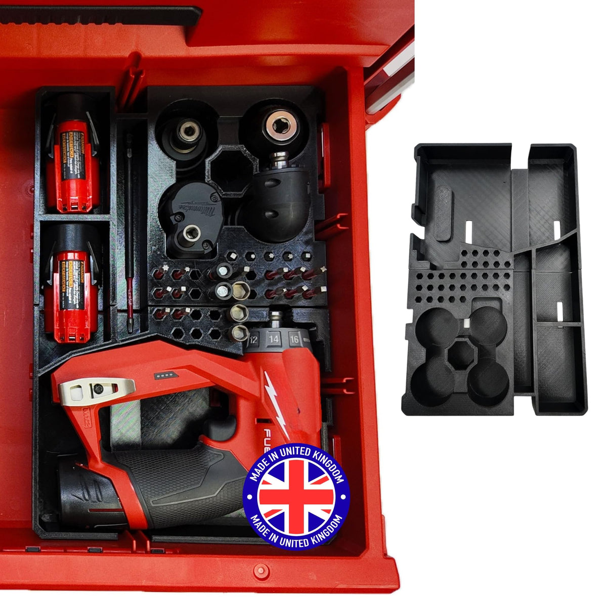 Milwaukee compatible Packout M12 Fuel Installation Drill Organizer for Milwaukee Packout 2 and 3 Drawer Tool Boxes – Precision Rigid Insert (Insert Only, Tools & Box Not Included) – Made in UK