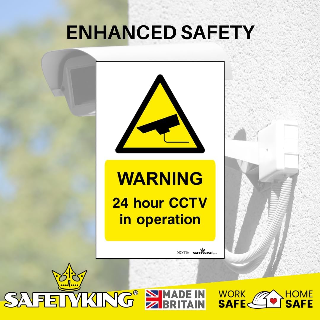 SAFETYKING® Pack Of 4 CCTV Sign Stickers 10cm x 6.5cm | Waterproof Security Camera Self Adhesive Small CCTV Stickers | 24 Hour CCTV In Operation Sign | Indoor Or Outdoor Use | CCTV Vertical Sticker