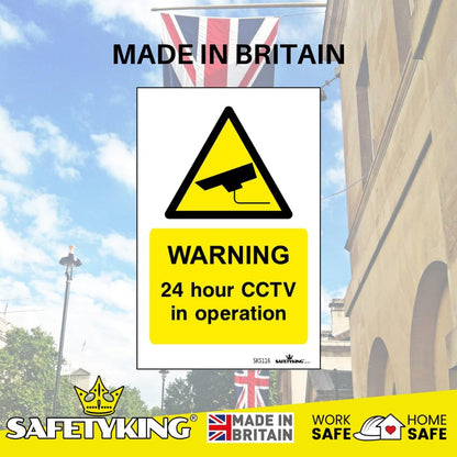 SAFETYKING® Pack Of 4 CCTV Sign Stickers 10cm x 6.5cm | Waterproof Security Camera Self Adhesive Small CCTV Stickers | 24 Hour CCTV In Operation Sign | Indoor Or Outdoor Use | CCTV Vertical Sticker