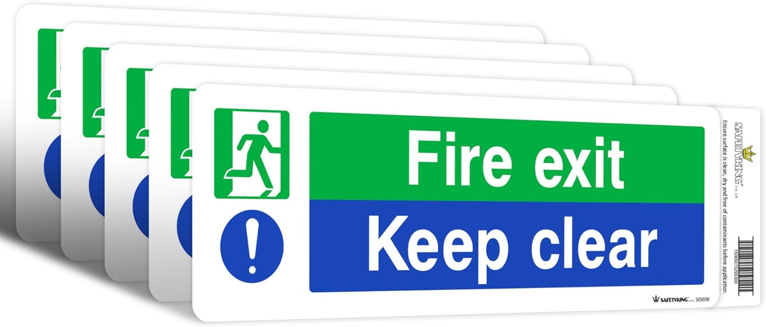 SAFETYKING® 5 Piece Fire Exit Keep Clear Sticker | 30 cm x 10 cm Self