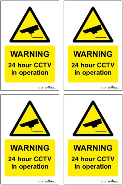 SAFETYKING® Pack Of 4 CCTV Sign Stickers 10cm x 6.5cm | Waterproof Security Camera Self Adhesive Small CCTV Stickers | 24 Hour CCTV In Operation Sign | Indoor Or Outdoor Use | CCTV Vertical Sticker