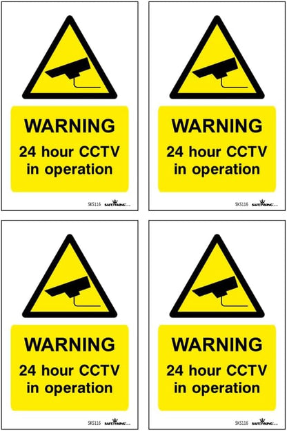 SAFETYKING® Pack Of 4 CCTV Sign Stickers 10cm x 6.5cm | Waterproof Security Camera Self Adhesive Small CCTV Stickers | 24 Hour CCTV In Operation Sign | Indoor Or Outdoor Use | CCTV Vertical Sticker