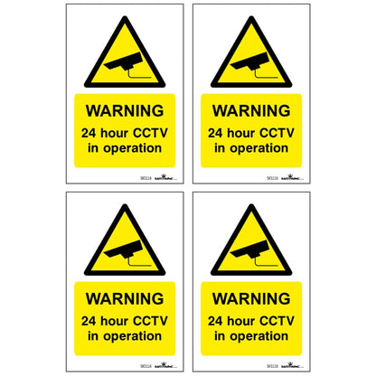 SAFETYKING® Pack Of 4 CCTV Sign Stickers 10cm x 6.5cm | Waterproof Security Camera Self Adhesive Small CCTV Stickers | 24 Hour CCTV In Operation Sign | Indoor Or Outdoor Use | CCTV Vertical Sticker