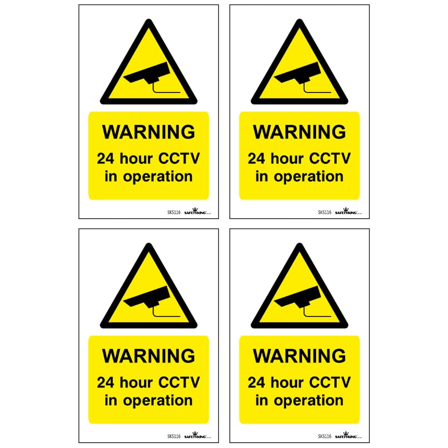 SAFETYKING® Pack Of 4 CCTV Sign Stickers 10cm x 6.5cm | Waterproof Security Camera Self Adhesive Small CCTV Stickers | 24 Hour CCTV In Operation Sign | Indoor Or Outdoor Use | CCTV Vertical Sticker