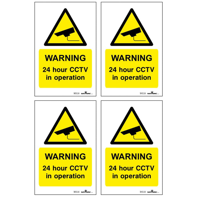 SAFETYKING® Pack Of 4 CCTV Sign Stickers 10cm x 6.5cm | Waterproof Security Camera Self Adhesive Small CCTV Stickers | 24 Hour CCTV In Operation Sign | Indoor Or Outdoor Use | CCTV Vertical Sticker