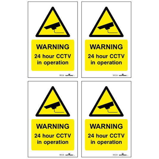 SAFETYKING® Pack Of 4 CCTV Sign Stickers 10cm x 6.5cm | Waterproof Security Camera Self Adhesive Small CCTV Stickers | 24 Hour CCTV In Operation Sign | Indoor Or Outdoor Use | CCTV Vertical Sticker