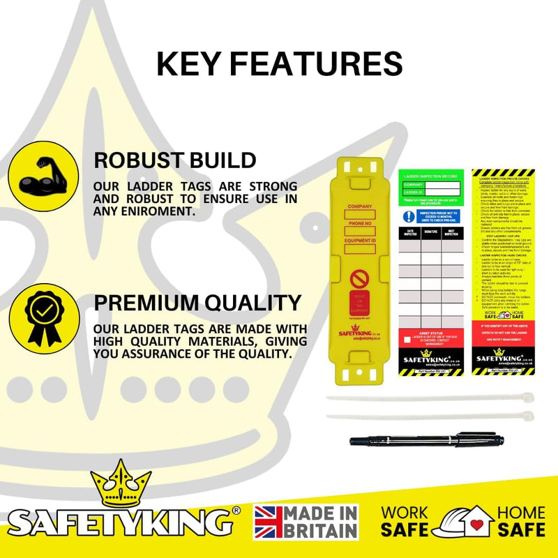 Load image into Gallery viewer, SAFETYKING® Ladder Tags 1 Holder - 4 Inserts – Safety Ladder Inspection Tags with Cable Ties- Complete Tools kit with Marker &amp; Label - Durable - Suitable for Indoor &amp; Outdoor Use
