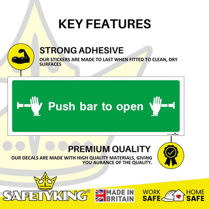SAFETYKING® 5 Piece Fire Exit Push Bar To Open Sticker | 30 cm x 10 cm Self Adhesive Sticker | Fire Exit Signs | Fire Exit Stickers | Fire Exit Safety Pack | Running Man Fire Exit Signs