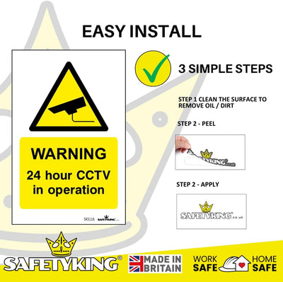 SAFETYKING® Pack Of 4 CCTV Sign Stickers 10cm x 6.5cm | Waterproof Security Camera Self Adhesive Small CCTV Stickers | 24 Hour CCTV In Operation Sign | Indoor Or Outdoor Use | CCTV Vertical Sticker