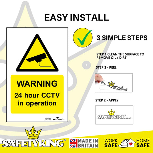 SAFETYKING® Pack Of 4 CCTV Sign Stickers 10cm x 6.5cm | Waterproof Security Camera Self Adhesive Small CCTV Stickers | 24 Hour CCTV In Operation Sign | Indoor Or Outdoor Use | CCTV Vertical Sticker