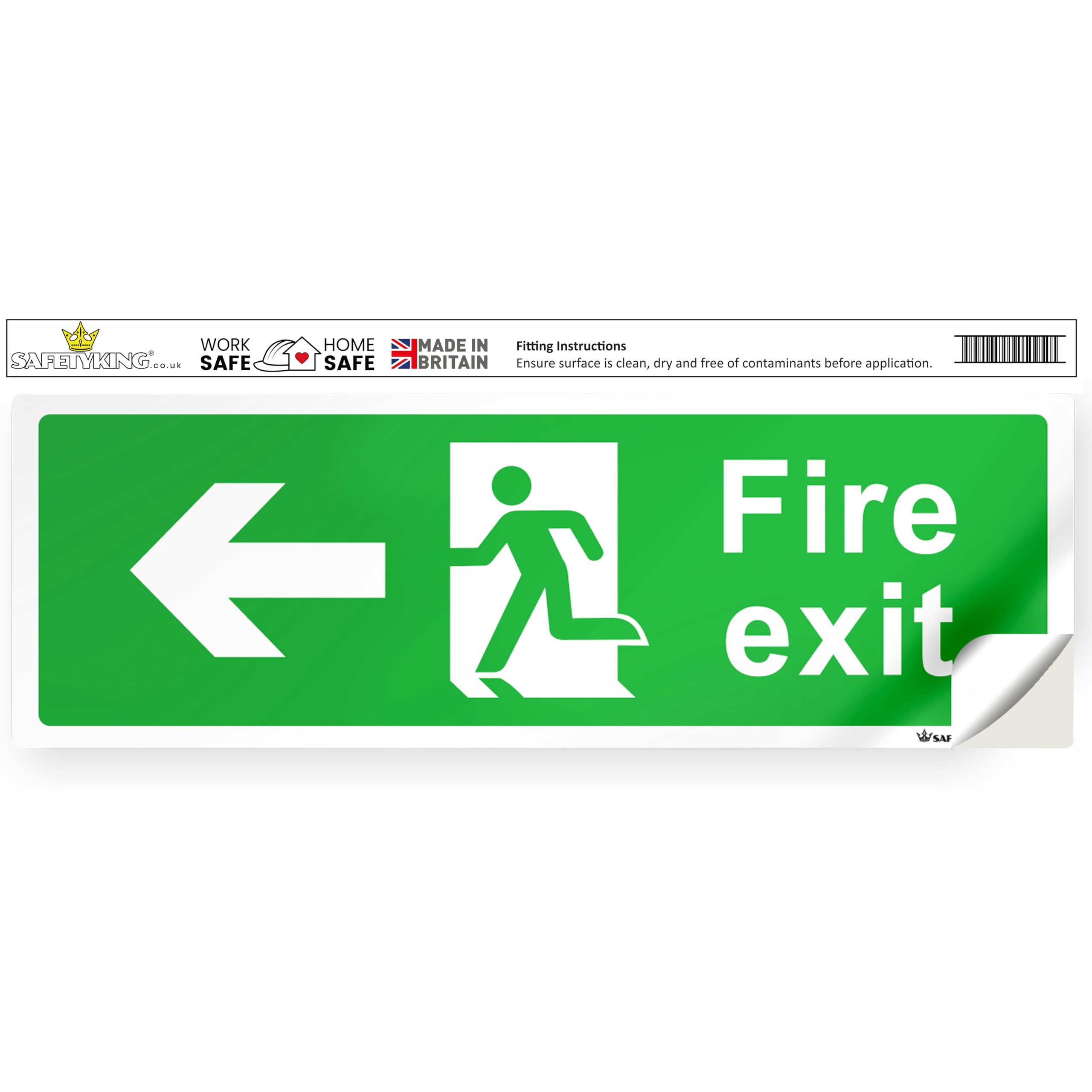 SAFETYKING® 1 Piece Fire Exit Sticker Running Man Down Left Sticker | 30 cm x 10 cm Self Adhesive Sticker | Fire Exit Signs | Fire Exit Stickers | Fire Exit Safety Pack | Running Man Fire Exit Signs