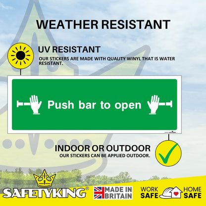 SAFETYKING® 5 Piece Fire Exit Push Bar To Open Sticker | 30 cm x 10 cm Self Adhesive Sticker | Fire Exit Signs | Fire Exit Stickers | Fire Exit Safety Pack | Running Man Fire Exit Signs