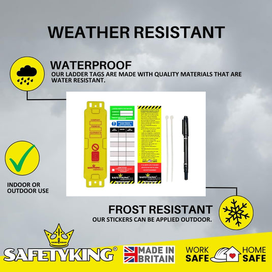 SAFETYKING® Ladder Tags 1 Holder - 4 Inserts – Safety Ladder Inspection Tags with Cable Ties- Complete Tools kit with Marker & Label - Durable - Suitable for Indoor & Outdoor Use