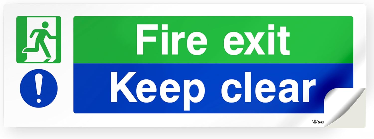 SAFETYKING® 1 Piece Fire Exit Keep Clear Sticker | 30 cm x 10 cm Self Adhesive Sticker | Fire Exit Signs | Fire Exit Stickers | Fire Exit Safety Pack | Running Man Fire Exit Sign