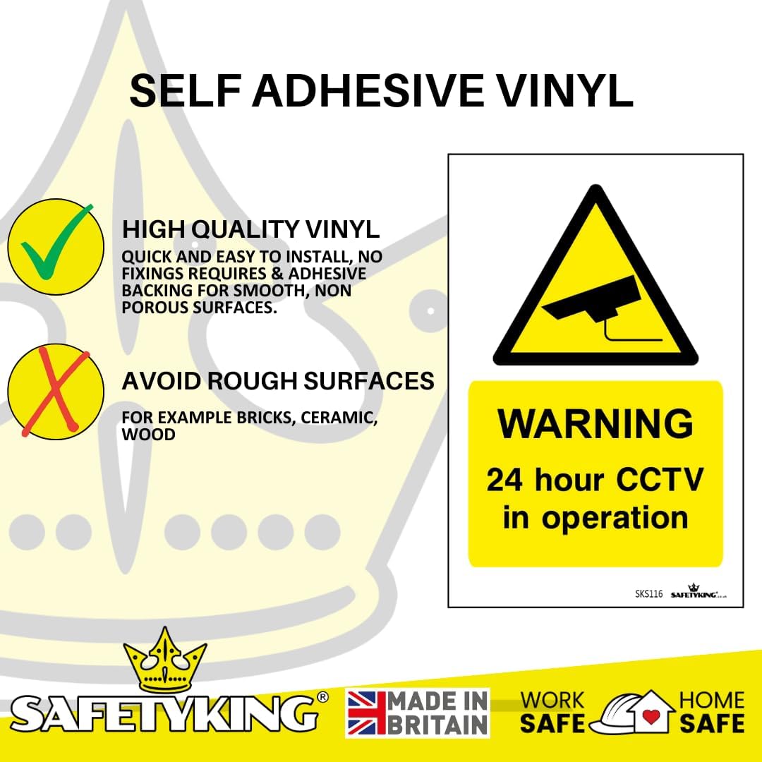 SAFETYKING® Pack Of 4 CCTV Sign Stickers 10cm x 6.5cm | Waterproof Security Camera Self Adhesive Small CCTV Stickers | 24 Hour CCTV In Operation Sign | Indoor Or Outdoor Use | CCTV Vertical Sticker