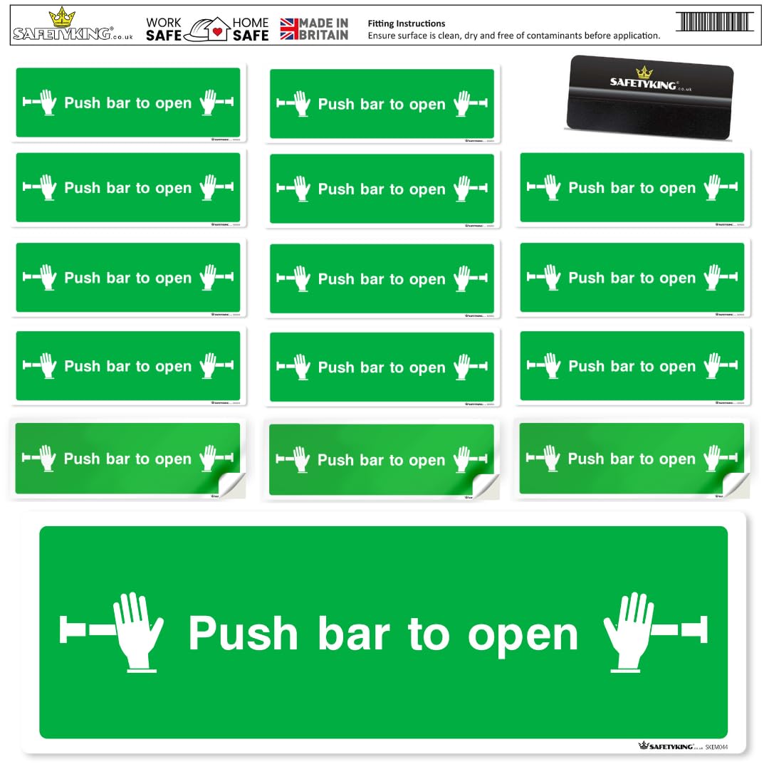 SAFETYKING® 16 Piece Fire Exit Signs | Push Bar To Exit | 30 cm x 10 cm Self Adhesive Sticker | Fire Exit Signs | Fire Exit Stickers | Fire Exit Safety Pack | Running Man Fire Exit Sign
