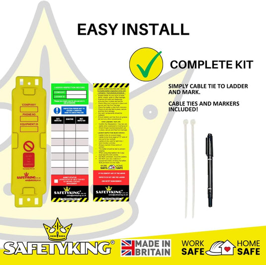 SAFETYKING® Ladder Tags 1 Holder - 4 Inserts – Safety Ladder Inspection Tags with Cable Ties- Complete Tools kit with Marker & Label - Durable - Suitable for Indoor & Outdoor Use