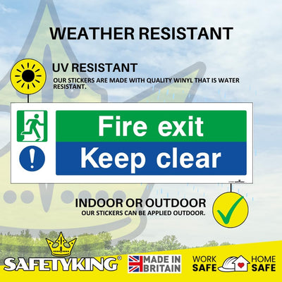 SAFETYKING® 1 Piece Fire Exit Keep Clear Sticker | 30 cm x 10 cm Self Adhesive Sticker | Fire Exit Signs | Fire Exit Stickers | Fire Exit Safety Pack | Running Man Fire Exit Sign