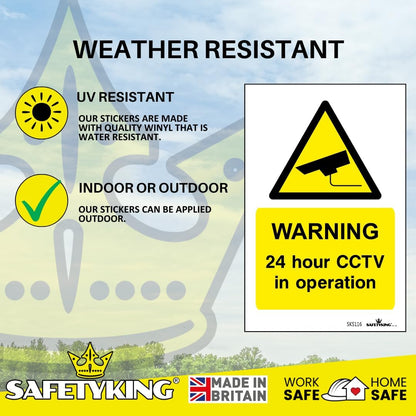 SAFETYKING® Pack Of 4 CCTV Sign Stickers 10cm x 6.5cm | Waterproof Security Camera Self Adhesive Small CCTV Stickers | 24 Hour CCTV In Operation Sign | Indoor Or Outdoor Use | CCTV Vertical Sticker