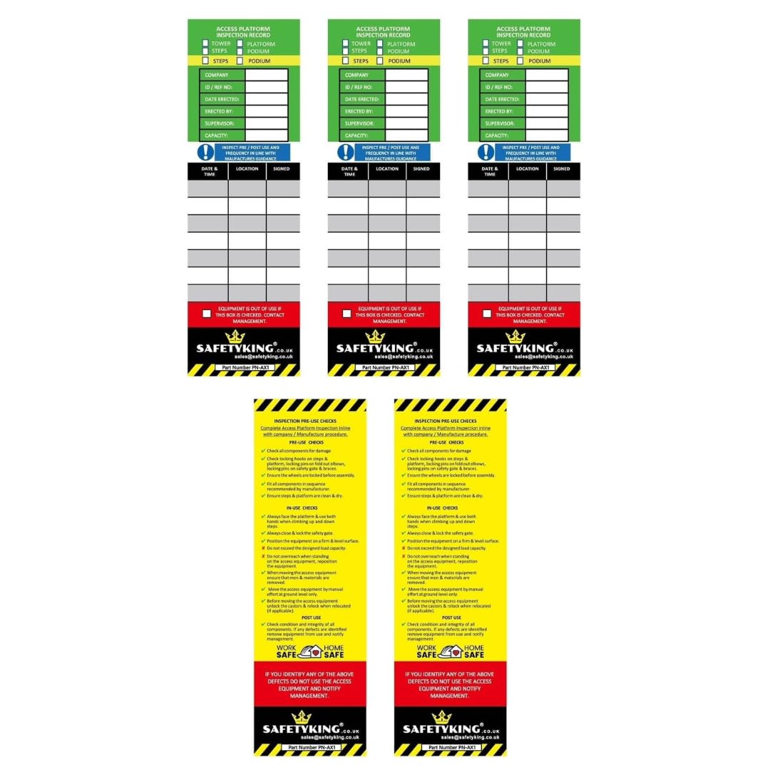 SAFETYKING® 5 Access Platform Inspection Tag Inserts - Access Equipment Tag Kit Inserts | Robust Access Equipment Tag Inserts | High Visibility Access Equipment Inspection Tag Inserts