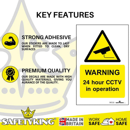 SAFETYKING® Pack Of 4 CCTV Sign Stickers 10cm x 6.5cm | Waterproof Security Camera Self Adhesive Small CCTV Stickers | 24 Hour CCTV In Operation Sign | Indoor Or Outdoor Use | CCTV Vertical Sticker