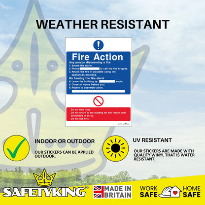 SAFETYKING® FIRE ACTION STICKER KIT - 4 Piece Set with Squeegee and Marker Pen | Fire Action Notice | Fire Action Sign | Fire Action Stickers | Fire Stickers