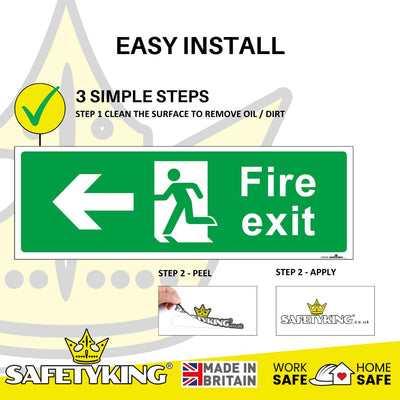 SAFETYKING® 1 Piece Fire Exit Sticker Running Man Down Left Sticker | 30 cm x 10 cm Self Adhesive Sticker | Fire Exit Signs | Fire Exit Stickers | Fire Exit Safety Pack | Running Man Fire Exit Signs