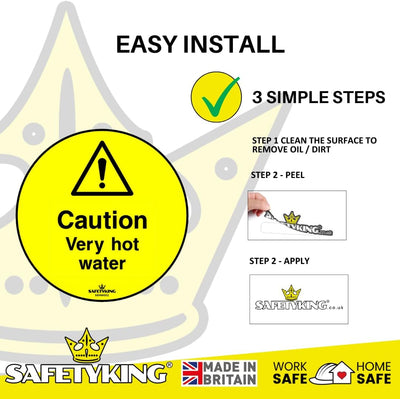 SAFETYKING® 12 x Caution Hot Water Stickers 68mm Diameter | Caution Very Hot Water Stickers | Caution Hot Water Signs | Caution Hot Very Hot Water Signs | Hot Water Sticker | Hot Water Sign
