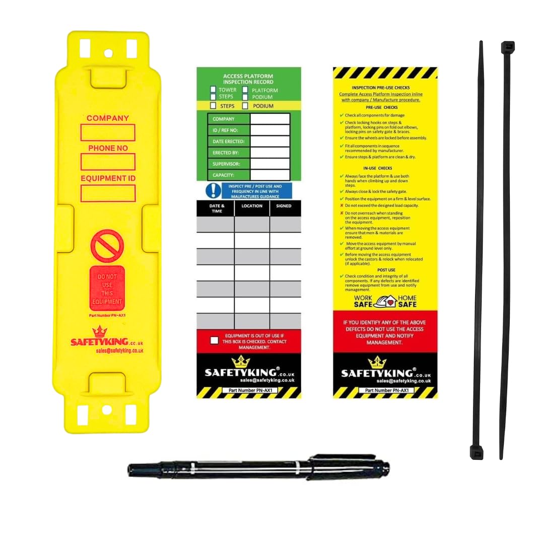 SAFETYKING® Access Equipment Tags 1 Holders - 4 Inserts - Access Equipment Tag Kit | Robust Access Equipment Tag | Access Equipment Inspection Tag | Access Equipment Safety Access Equipment Record