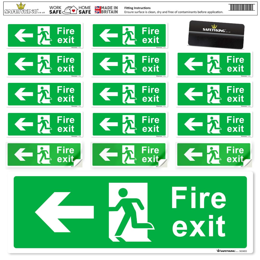 SAFETYKING® 16 Piece Fire Exit Signs | Running Man Left Fire Exit Sign | 30 cm x 10 cm Self Adhesive Sticker | Fire Exit Signs | Fire Exit Stickers | Fire Exit Safety Pack | Running Man Fire Exit Sign