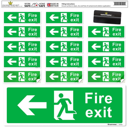 SAFETYKING® 16 Piece Fire Exit Signs | Running Man Left Fire Exit Sign | 30 cm x 10 cm Self Adhesive Sticker | Fire Exit Signs | Fire Exit Stickers | Fire Exit Safety Pack | Running Man Fire Exit Sign