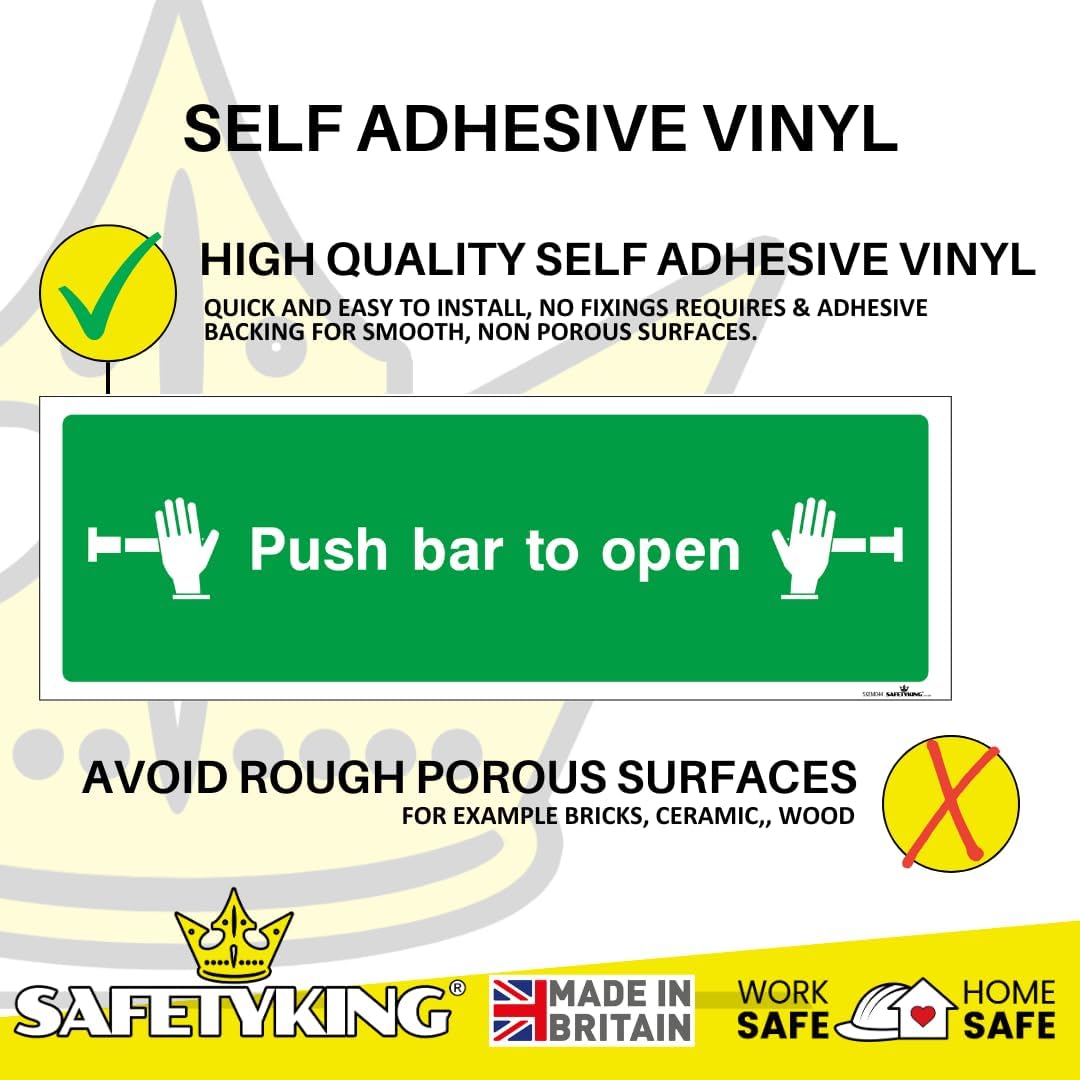 SAFETYKING® 5 Piece Fire Exit Push Bar To Open Sticker | 30 cm x 10 cm Self Adhesive Sticker | Fire Exit Signs | Fire Exit Stickers | Fire Exit Safety Pack | Running Man Fire Exit Signs