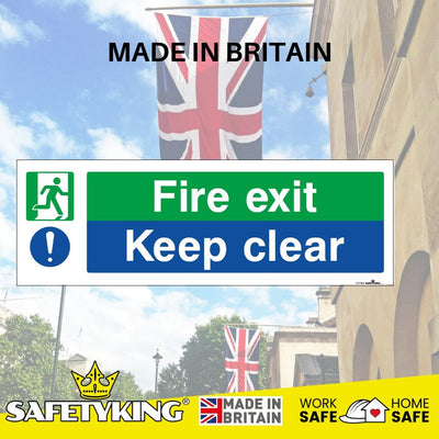 SAFETYKING® 1 Piece Fire Exit Keep Clear Sticker | 30 cm x 10 cm Self Adhesive Sticker | Fire Exit Signs | Fire Exit Stickers | Fire Exit Safety Pack | Running Man Fire Exit Sign