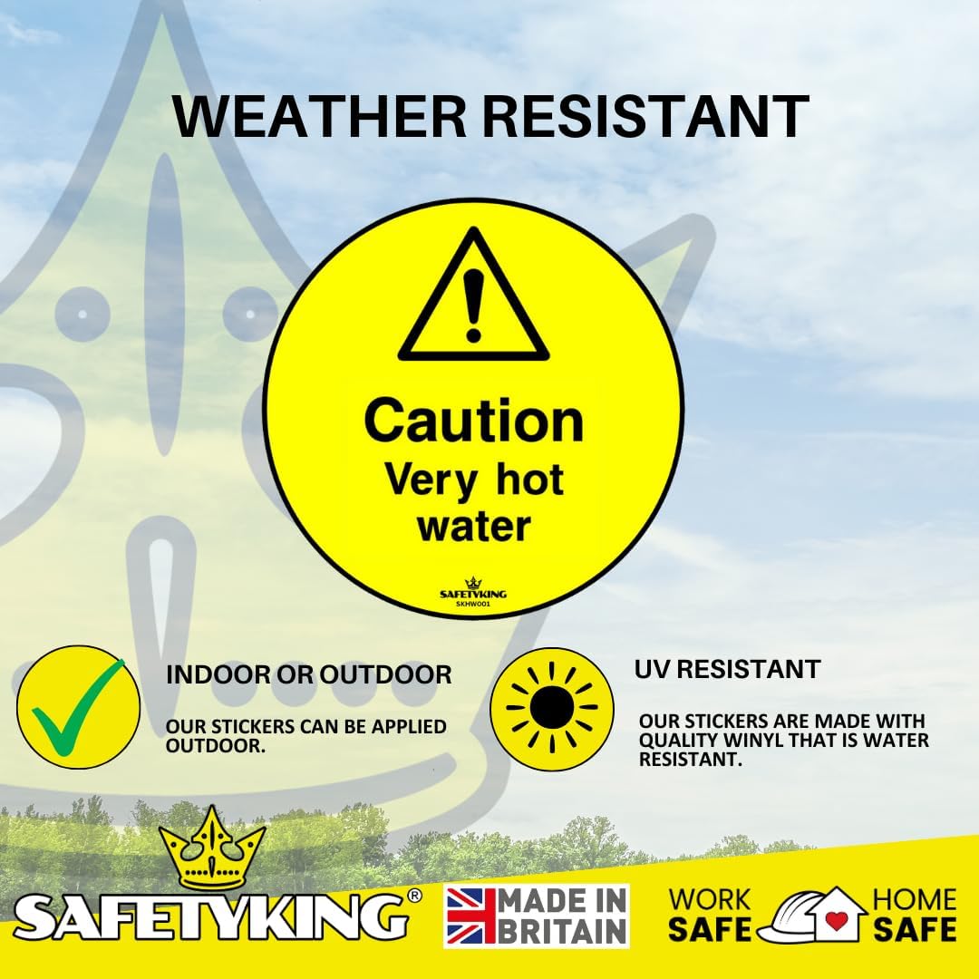 SAFETYKING® 12 x Caution Hot Water Stickers 68mm Diameter | Caution Very Hot Water Stickers | Caution Hot Water Signs | Caution Hot Very Hot Water Signs | Hot Water Sticker | Hot Water Sign