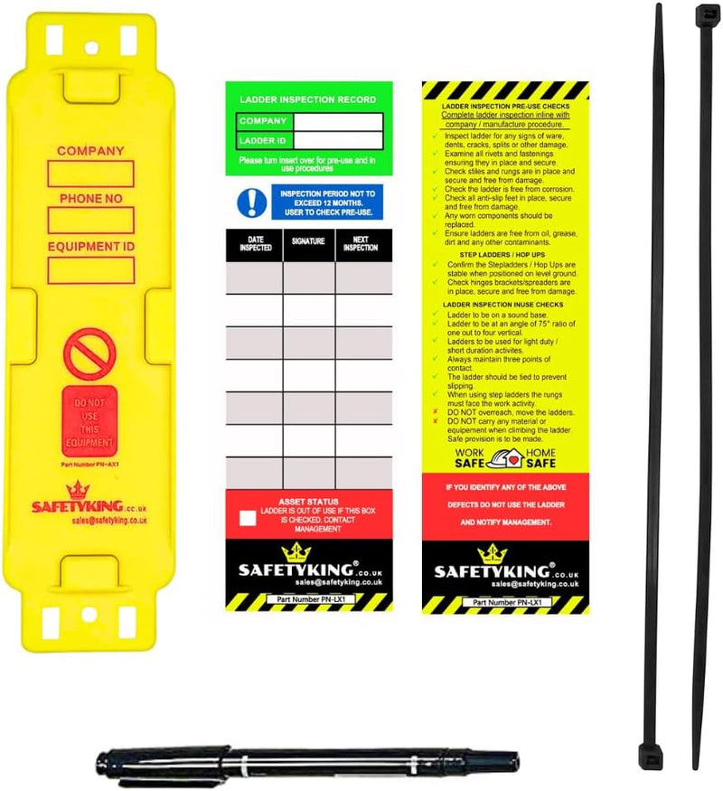 Load image into Gallery viewer, SAFETYKING® Ladder Tags 1 Holder - 4 Inserts – Safety Ladder Inspection Tags with Cable Ties- Complete Tools kit with Marker &amp; Label - Durable - Suitable for Indoor &amp; Outdoor Use
