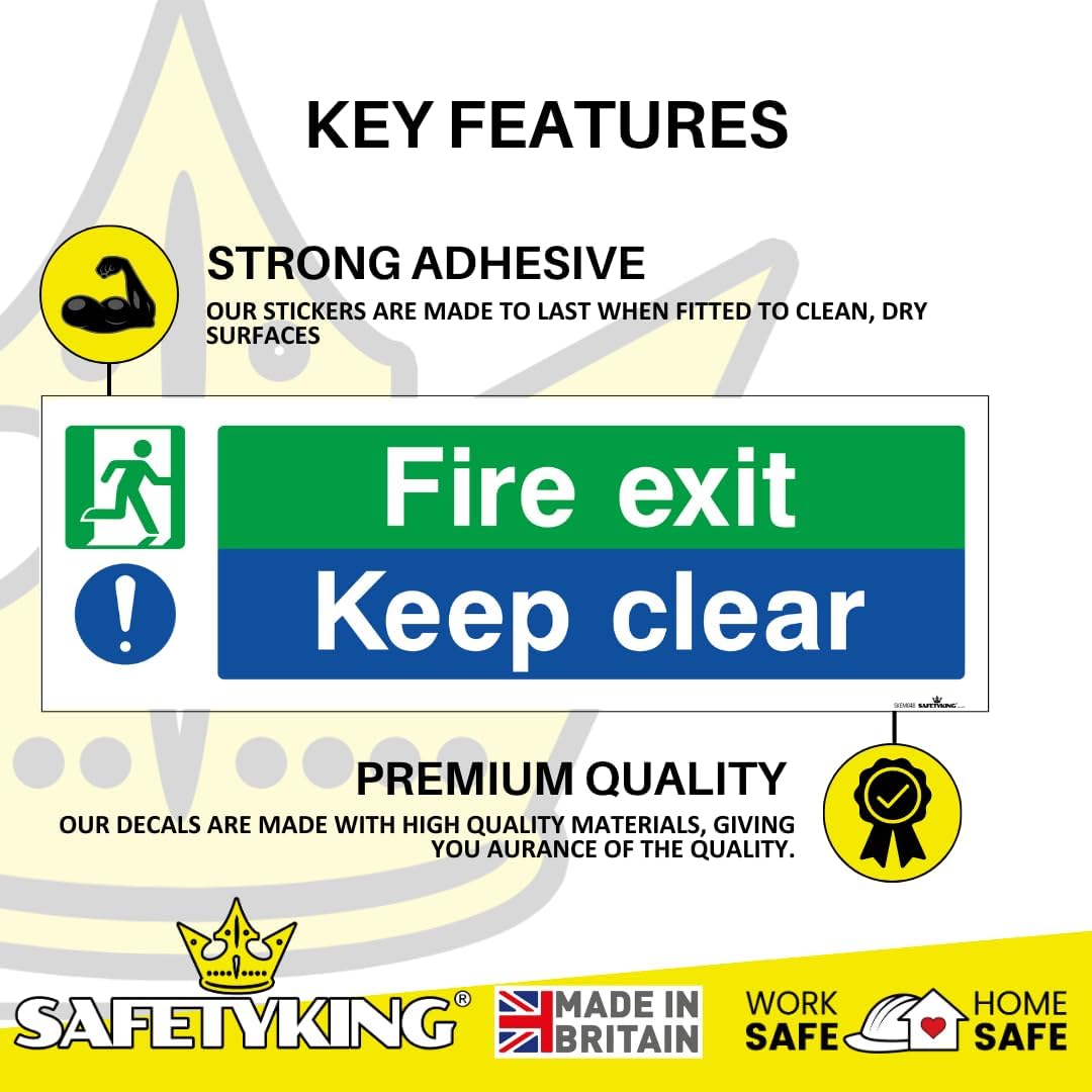 SAFETYKING® 1 Piece Fire Exit Keep Clear Sticker | 30 cm x 10 cm Self Adhesive Sticker | Fire Exit Signs | Fire Exit Stickers | Fire Exit Safety Pack | Running Man Fire Exit Sign