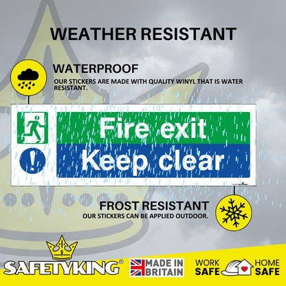 SAFETYKING® 1 Piece Fire Exit Keep Clear Sticker | 30 cm x 10 cm Self Adhesive Sticker | Fire Exit Signs | Fire Exit Stickers | Fire Exit Safety Pack | Running Man Fire Exit Sign