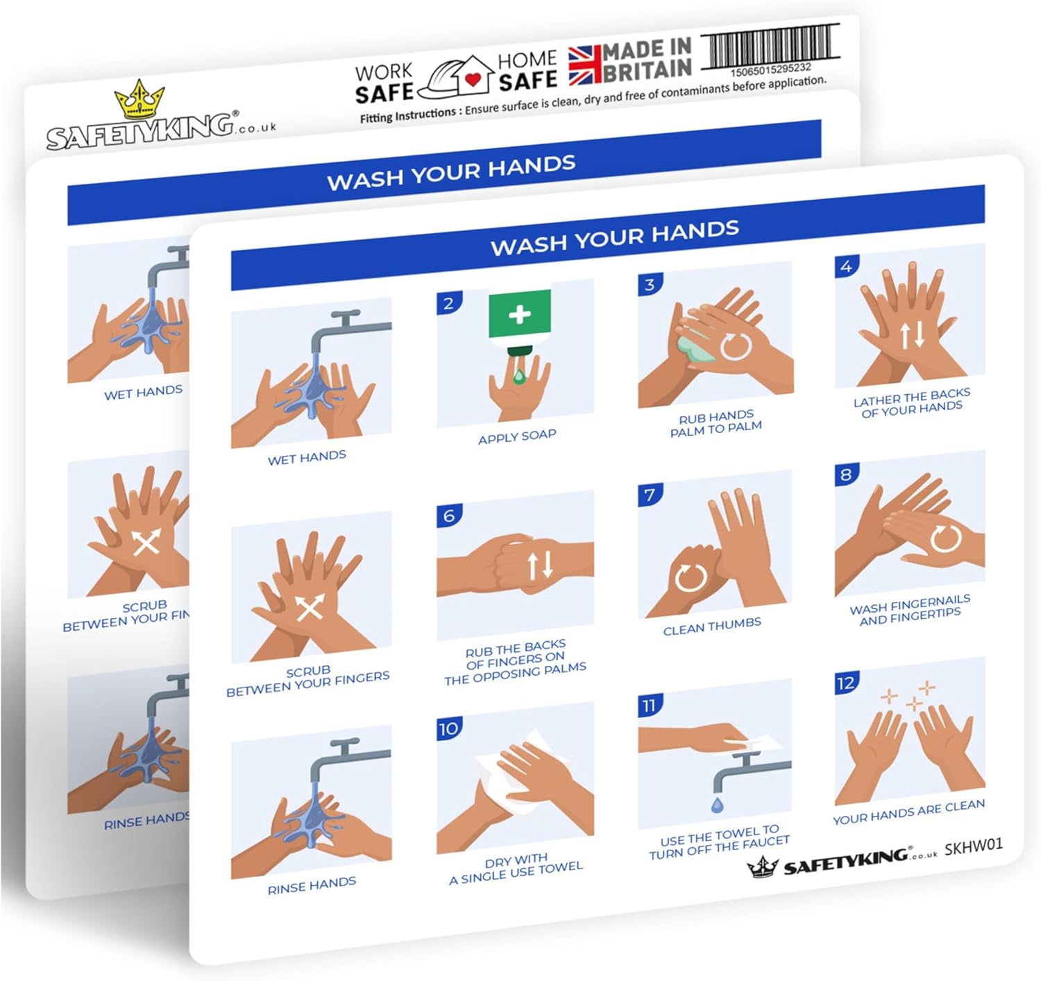SAFETYKING® 2 PCS Wash Hands Sticker - Hand Washing Technique Sign | Wash Hands with soap and Water | Toilet and Washroom Hygiene Safety Signs | Self-Adhesive Vinyl Wash Hands