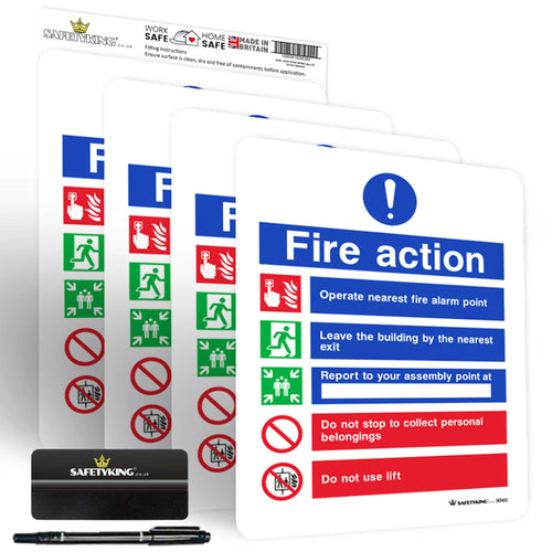 SAFETYKING® FIRE ACTION STICKER KIT - 4 Piece Set with Squeegee and Marker Pen | Fire Action Notice | Fire Action Sign | Fire Action Stickers | Fire Stickers
