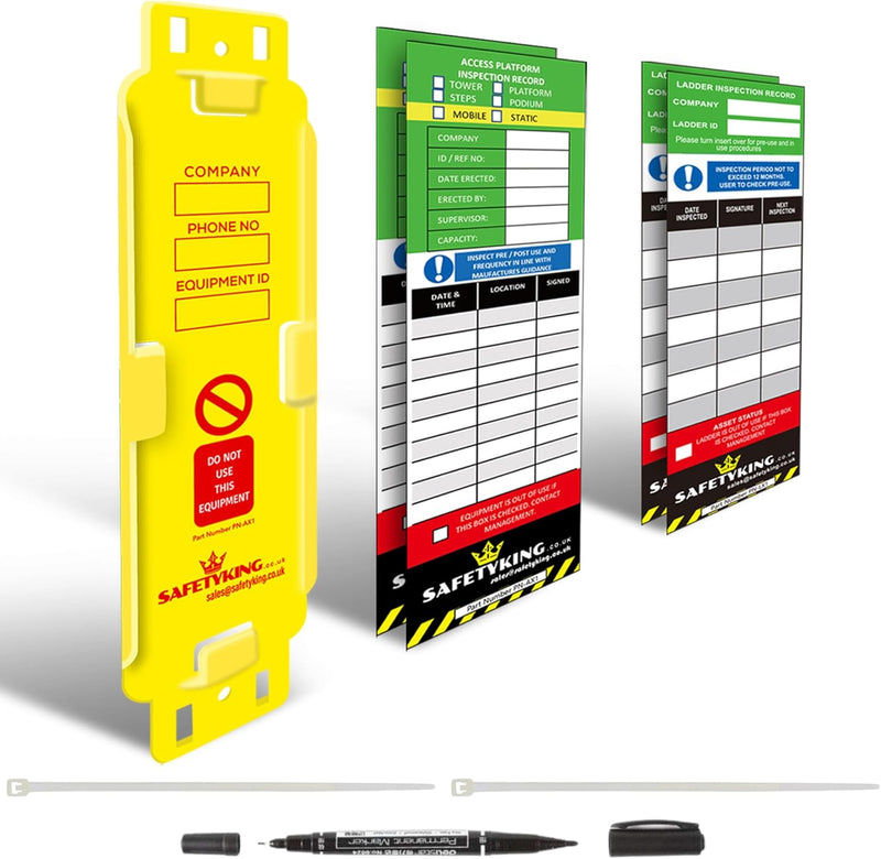 Load image into Gallery viewer, SAFETYKING® Ladder Tags 1 Holder - 4 Inserts – Safety Ladder Inspection Tags with Cable Ties- Complete Tools kit with Marker &amp; Label - Durable - Suitable for Indoor &amp; Outdoor Use
