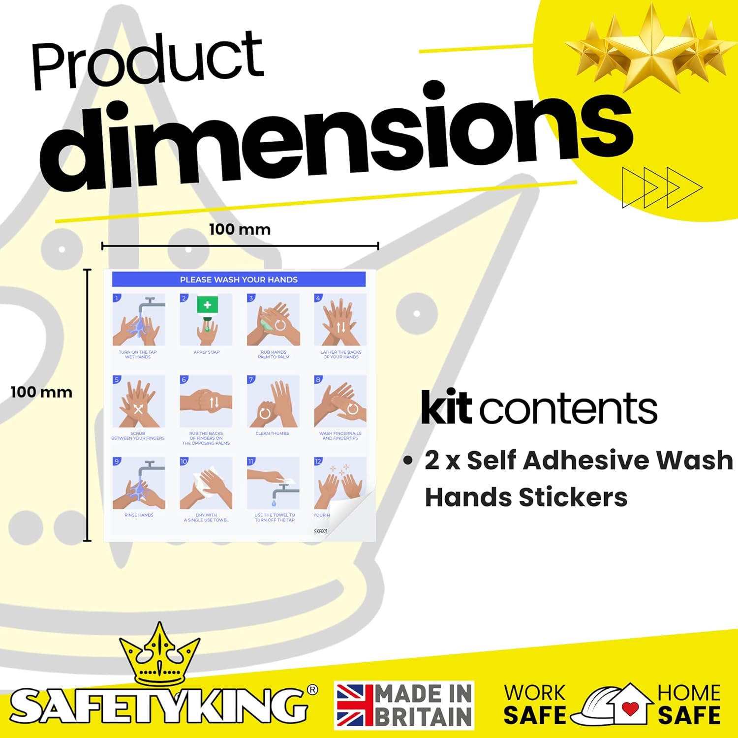 SAFETYKING® 2 PCS Wash Hands Sticker - Hand Washing Technique Sign | Wash Hands with soap and Water | Toilet and Washroom Hygiene Safety Signs | Self-Adhesive Vinyl Wash Hands
