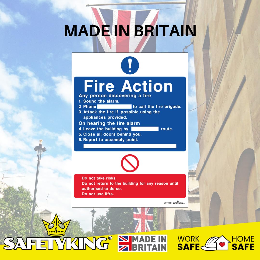 SAFETYKING® FIRE ACTION STICKER KIT - 4 Piece Set with Squeegee and Marker Pen | Fire Action Notice | Fire Action Sign | Fire Action Stickers | Fire Stickers