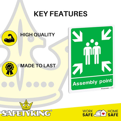 SAFETYKING® 4 pcs Fire Assembly Point Sign 1mm Rigid PVC Signs -L 30cm x W 20cm x H 1mm, Fire Assembly Point, Fire Evacuation Sign, Fire Assembly Point Sign Outdoor, Durable Fire Safe Signs.