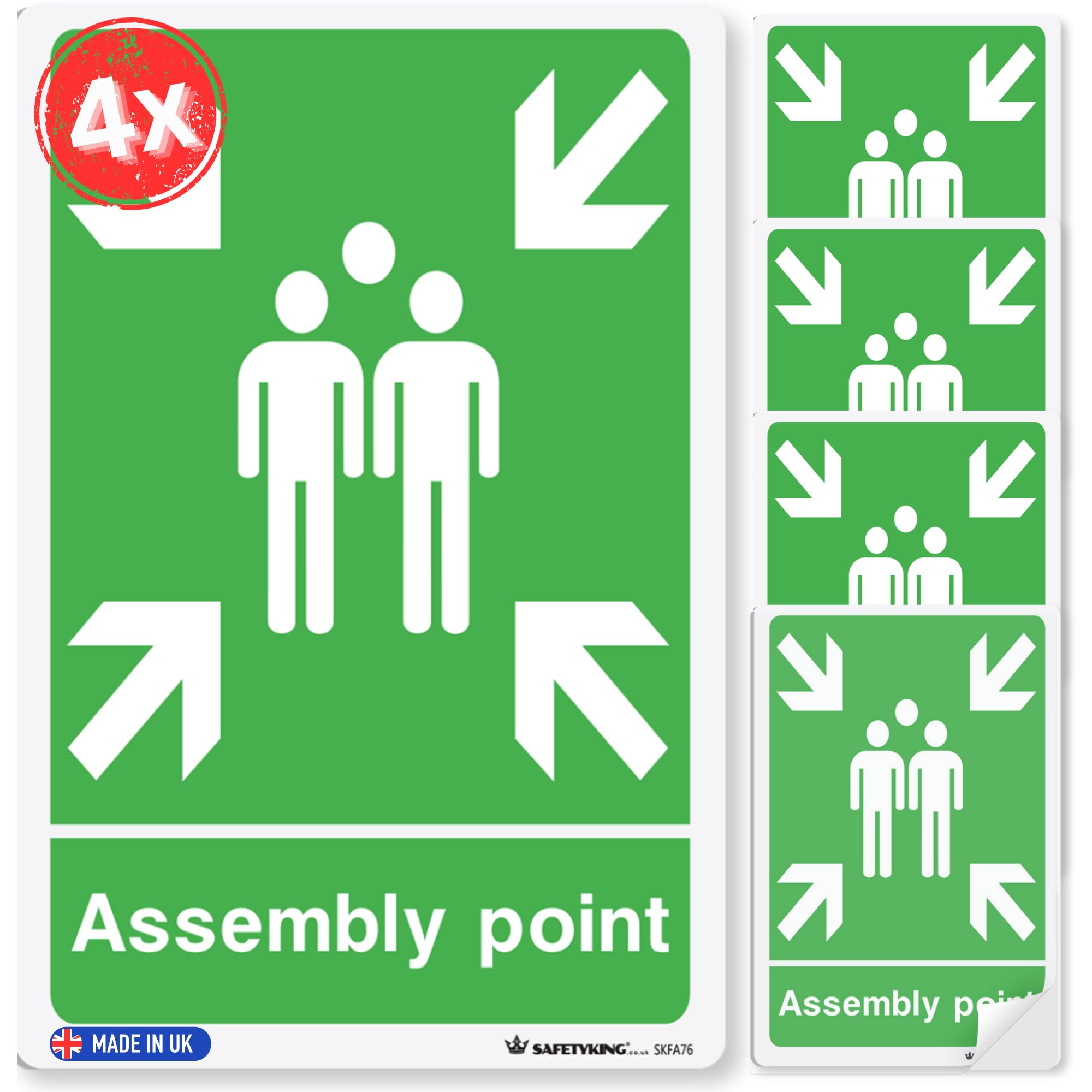 SAFETYKING® 4 pcs Fire Assembly Point Stickerss - L 30cm x W 20cm | Fire Fire Assembly Point Notice | Fire Assembly Point Sign | Fire Stickers | Fire Safety Signs