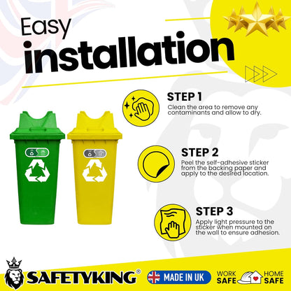 SAFETYKING® Recycling Stickers for Bins – 8pcs Vinyl Waste Self Adhesive Bin Labels, 15x6cm, Colour Coded Bin Stickers for Recycling & General Waste for use in Home, School, Office – Made in The UK