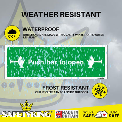 SAFETYKING® 5 Piece Fire Exit Push Bar To Open Sticker | 30 cm x 10 cm Self Adhesive Sticker | Fire Exit Signs | Fire Exit Stickers | Fire Exit Safety Pack | Running Man Fire Exit Signs