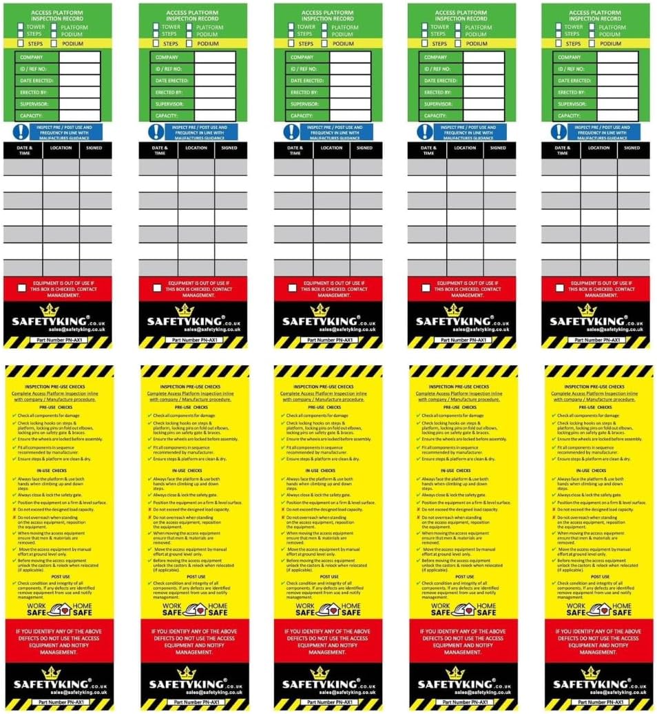 10 Access Equipment Tag Inserts - High Visibility Access Equipment Inspection Tag Inserts