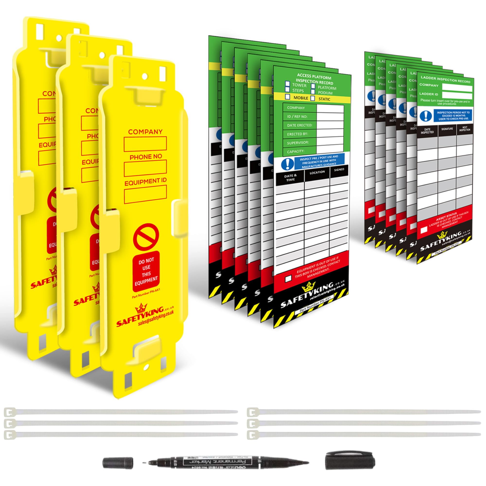 SAFETYKING® | Access Platform Inspection Tag 3 Holders - 6 Inserts | Access Equipment Tag Kit | Robust Access Equipment Tag | Access Equipment Inspection Tag | Podium Record